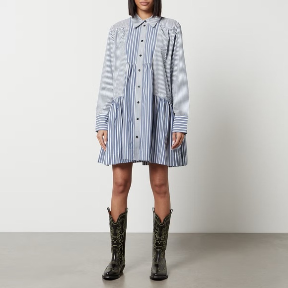 ganni blue and white striped dress GANNI Striped Shirtdress Blue Cotton Size 36 Long Sleeve Midi Dress NE   Celebrity Owned